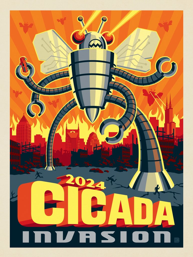 Attack Of The Killer Robot Cicadas - Metal Sign - Artwork