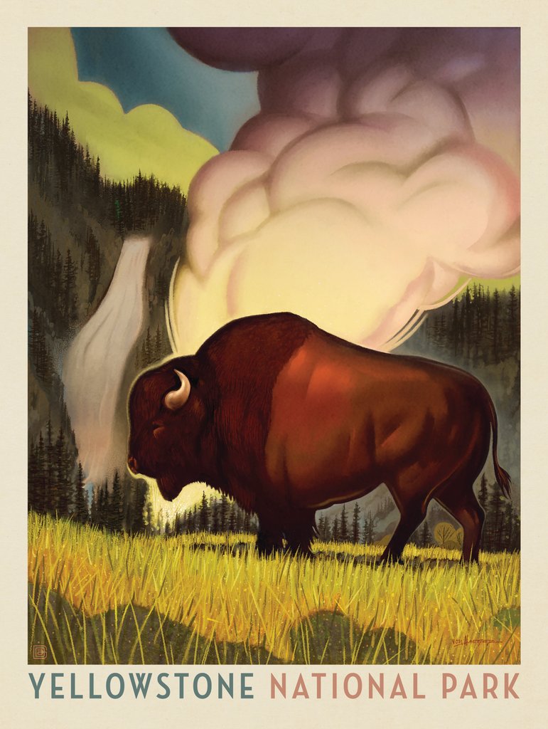 Yellowstone National Park: Art Deco Bison - Postcards - Artwork