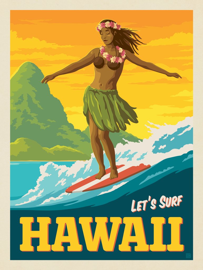 Hawaii: Surfer Girl - Metal Sign - Artwork