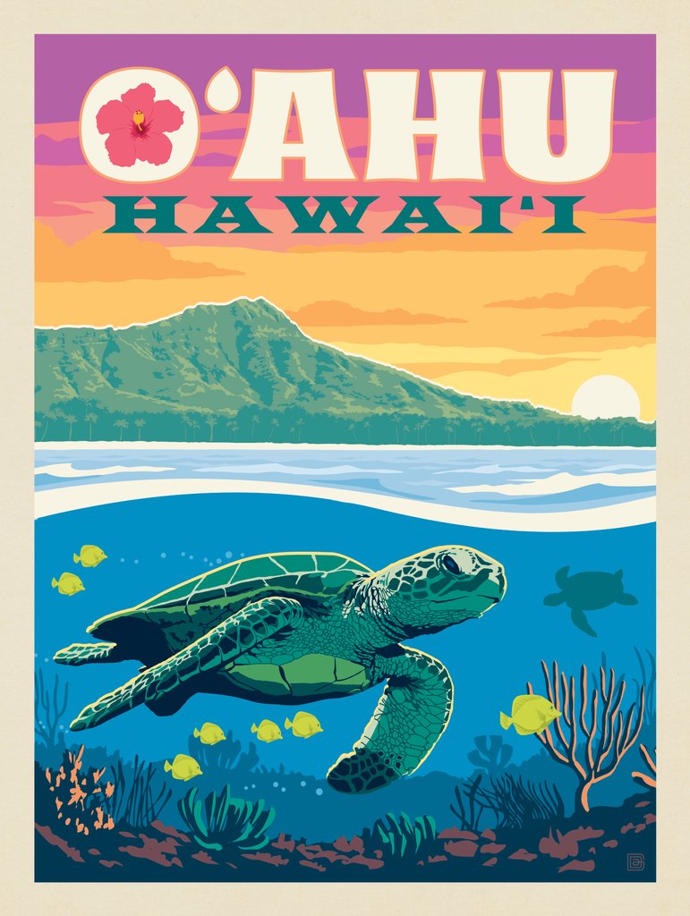 Hawaii: O'ahu (Sea Turtle) - Metal Sign - Artwork