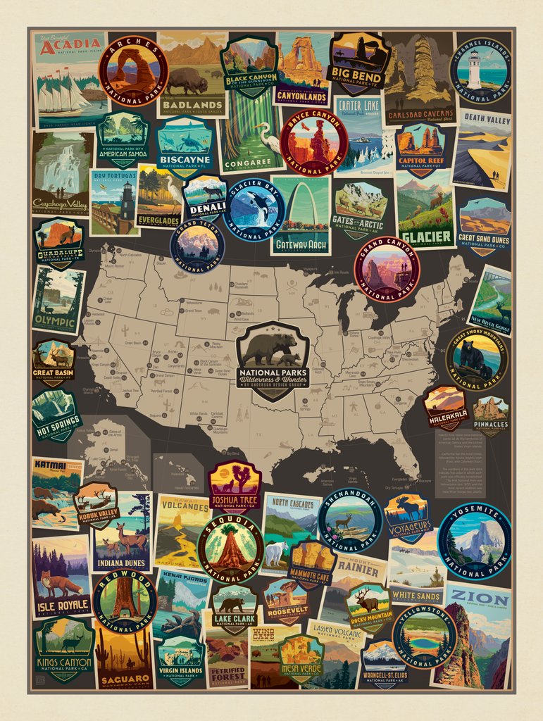 63-Image National Parks Collage Map - Art Print - Artwork