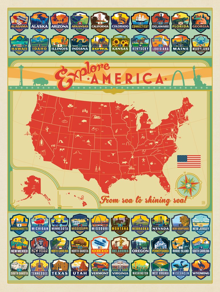 Explore America Map: 50 State Emblems - Art Print - Artwork