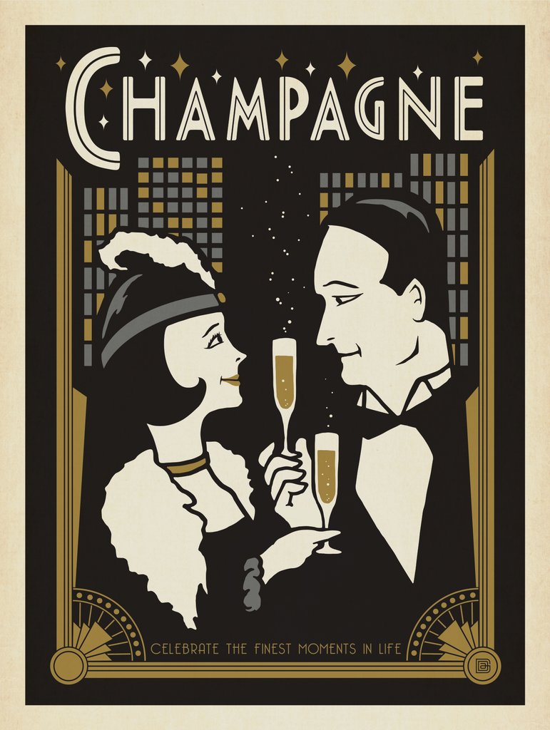 Champagne, Art Deco Style - Metal Sign - Artwork