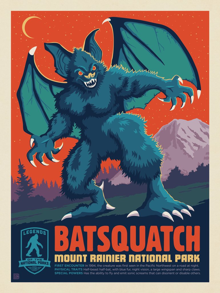 Legends Of The National Parks: Mt Rainier's Batsquatch - Metal Sign - Artwork
