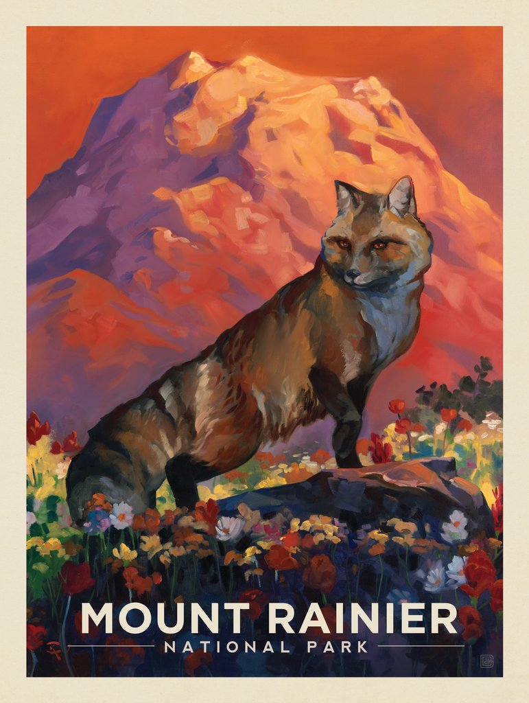 Mount Rainier National Park: Floral Fox - Notecards - Artwork