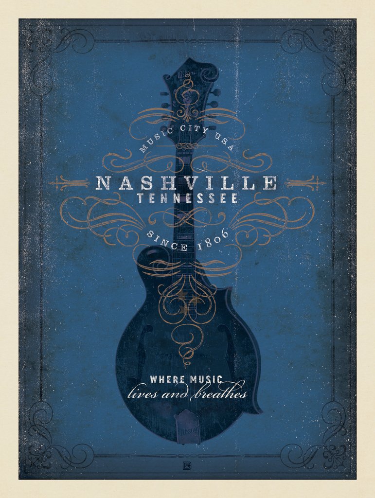 Music City: Blue Mandolin Print - Metal Sign - Artwork