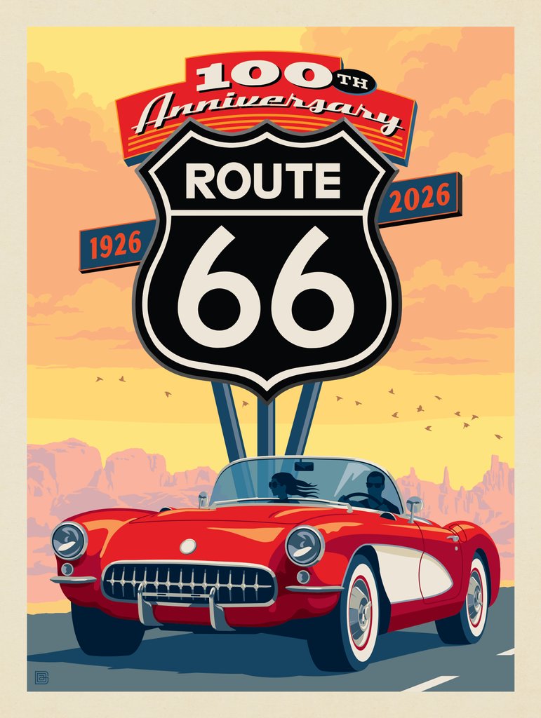 100th Anniversary Of Route 66 (Red Corvette) - Metal Sign - Artwork