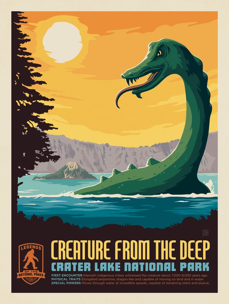 Legends Of The National Parks: Crater Lake's Creature From The Deep - Art Print - Artwork