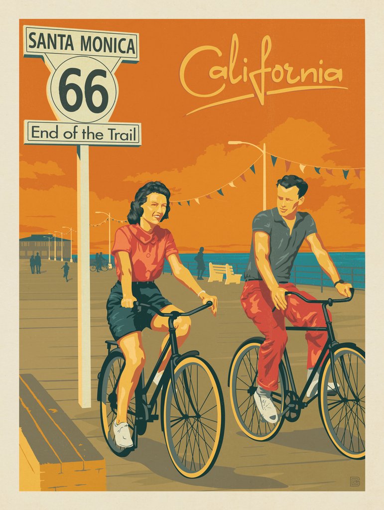 Santa Monica Pier: Biking Past the Route 66 Sign - Canvas - Artwork