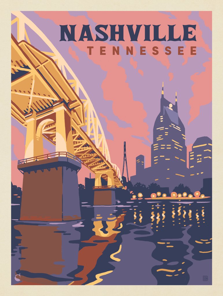 Nashville, TN: Riverfront Evening - Postcards - Artwork