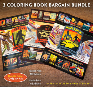 COLORING BOOK BUNDLE: Space Travel, Legendary Creatures, & National Parks