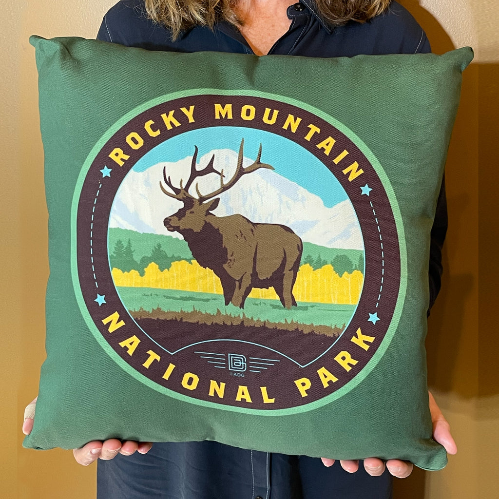 18"x18" Throw Pillow: Emblem of Rocky Mountain National Park