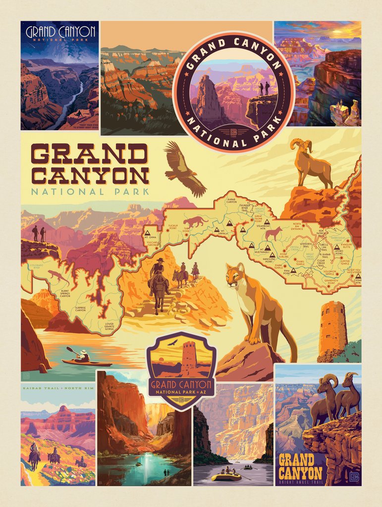 Grand Canyon National Park: Map Collage (Vertical) - Notecards - Artwork