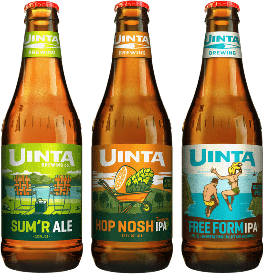 Three Uinta beer bottles with ADG label art
