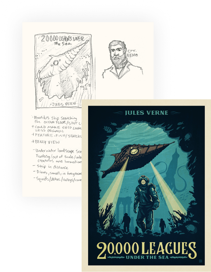 Pencil sketches beside the finished 20,000 Leagues poster