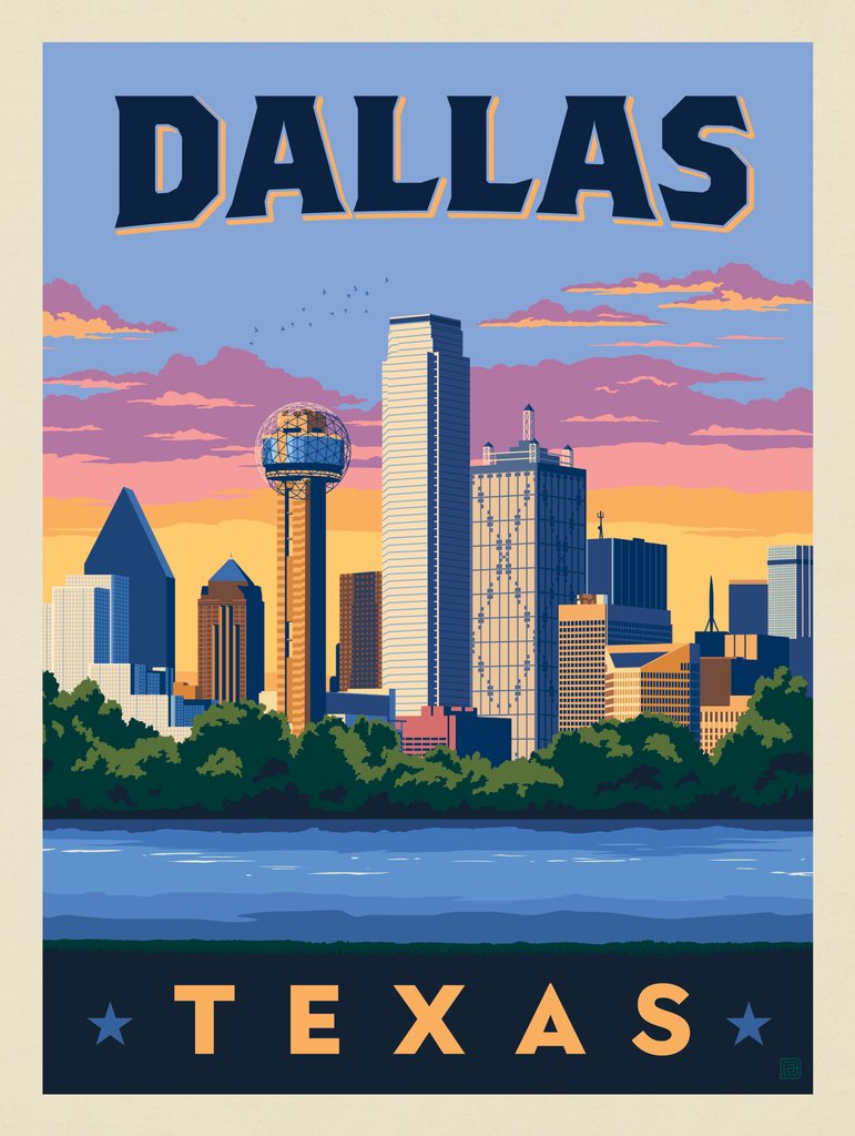 Dallas, Texas: Downtown River View - Art Print - Artwork