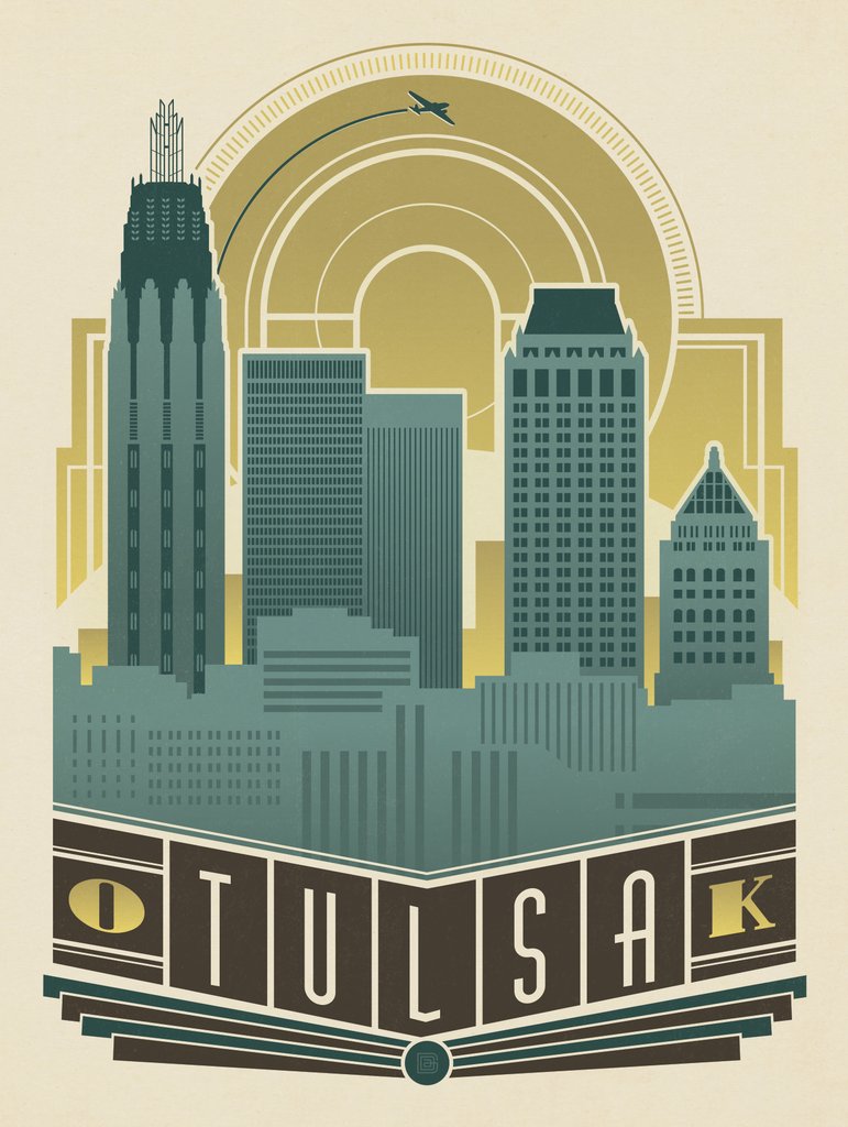 Tulsa, OK: Deco Skyline - Postcards - Artwork