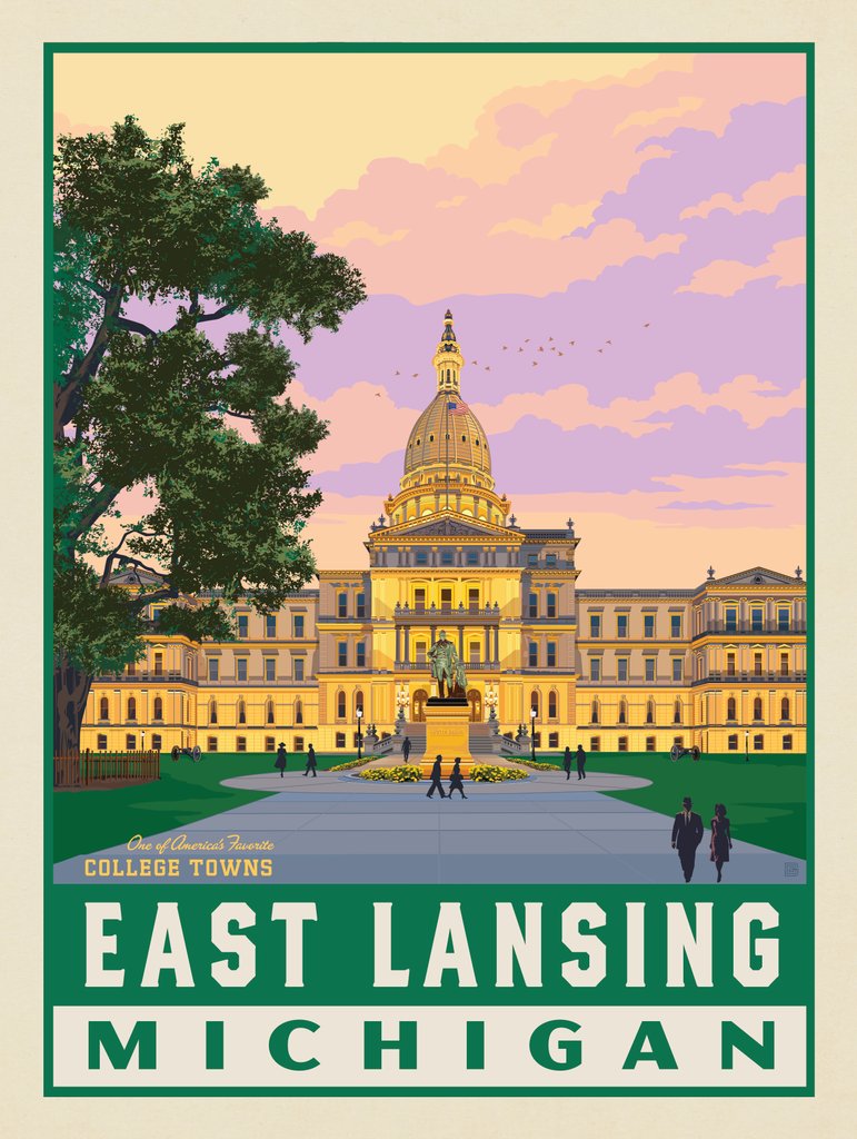American College Towns: East Lancing, MI - Metal Sign - Artwork