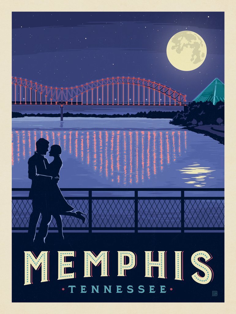 Memphis, TN: Hernando de Soto Bridge At Night - Postcards - Artwork