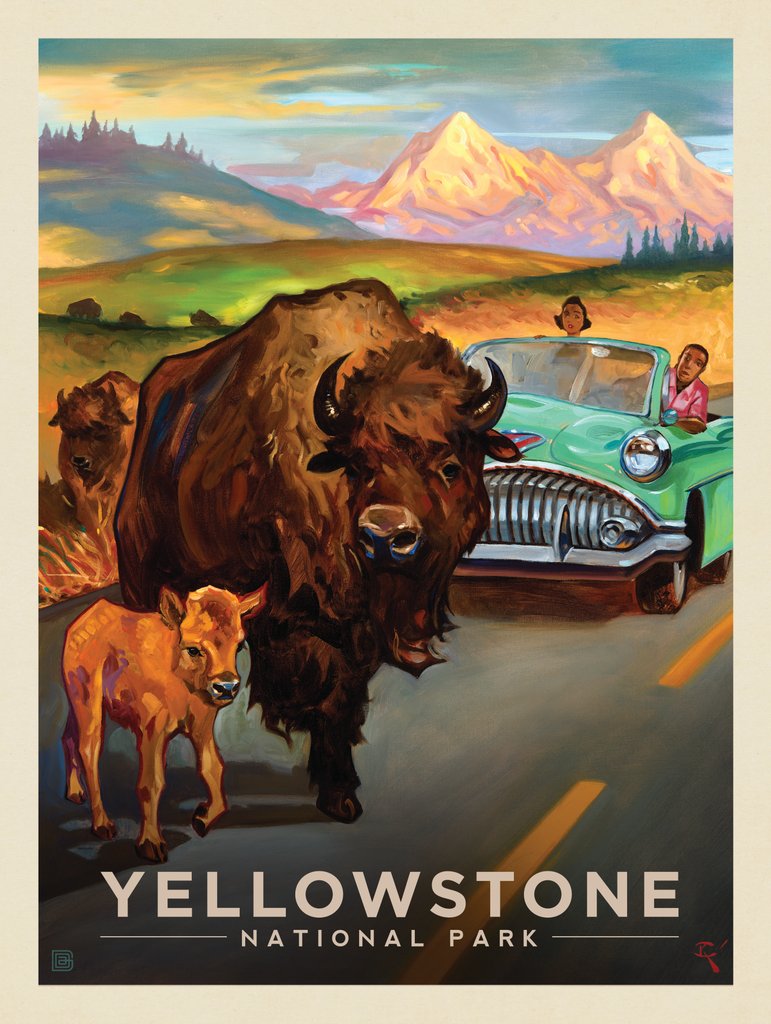 Yellowstone National Park: Bison Crossing-KC - Metal Sign - Artwork