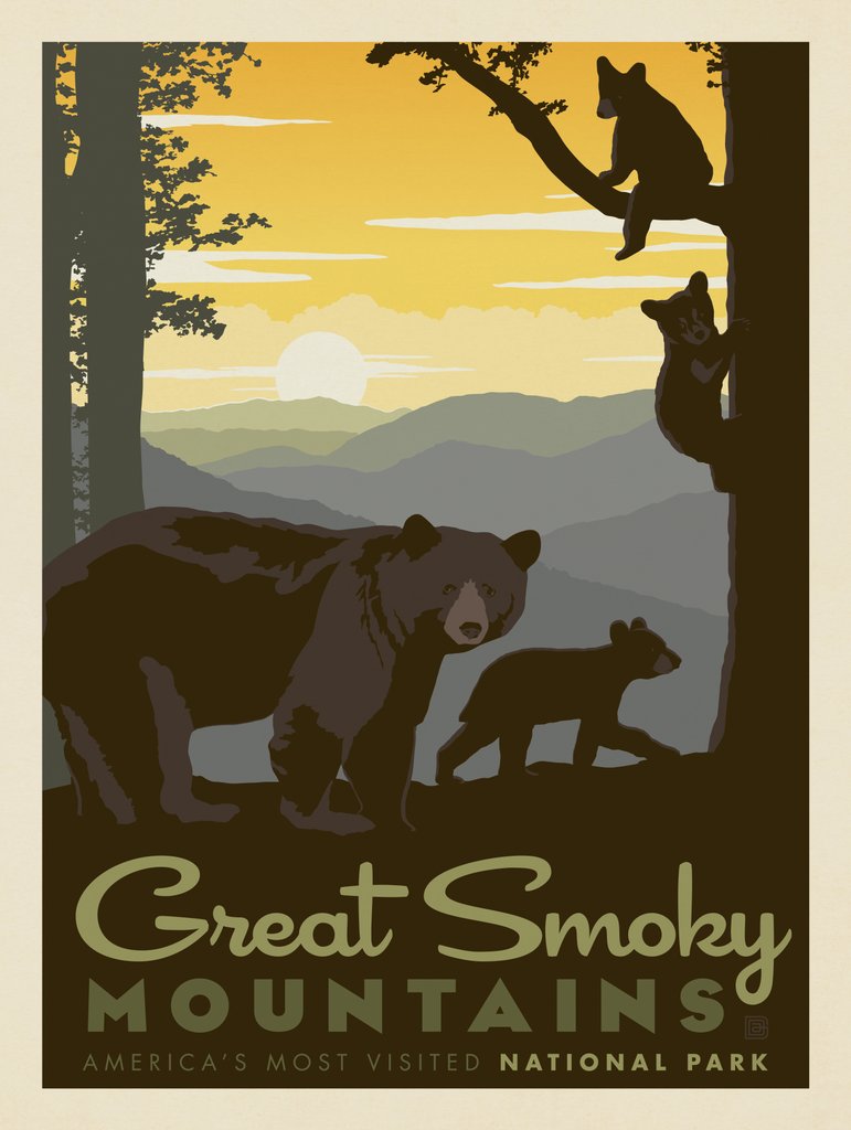 Great Smoky Mountains National Park: Mama Bear & Cubs - Metal Sign - Artwork
