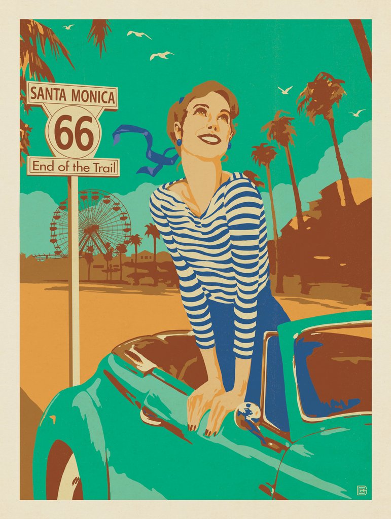 Santa Monica Pier: Route 66 Sign Girl - Canvas - Artwork