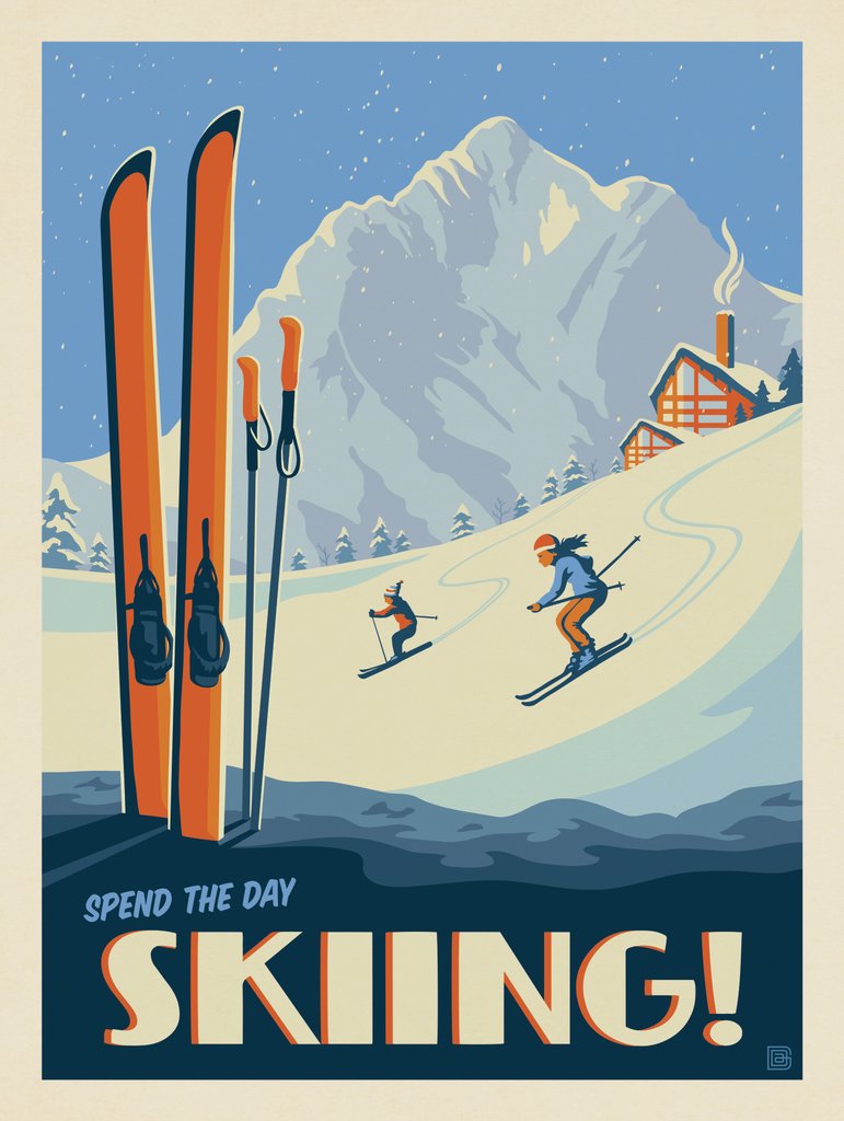 Classic Ski Design: Spend The Day Skiing!  - Metal Sign - Artwork
