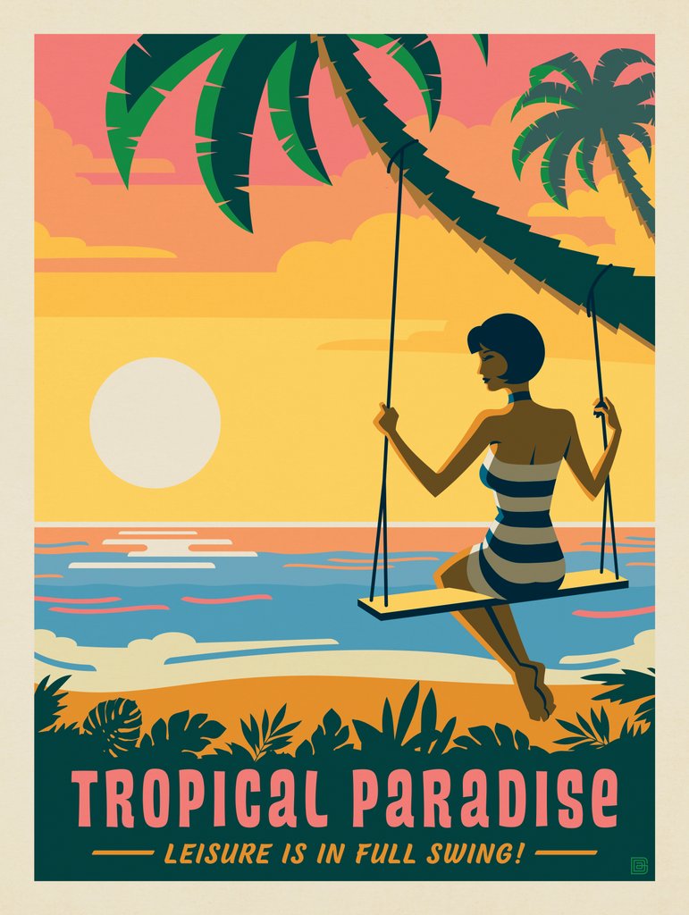 Tropical Paradise: Palm Tree Swing - Canvas - Artwork