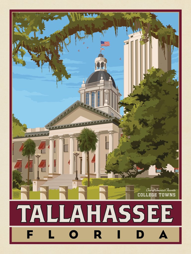 American College Towns: Tallahassee, FL - Metal Sign - Artwork