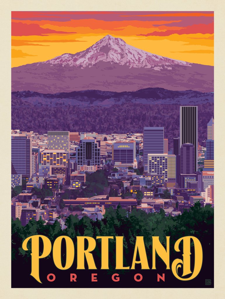 Portland, Oregon: Sunrise Skyline - Postcards - Artwork
