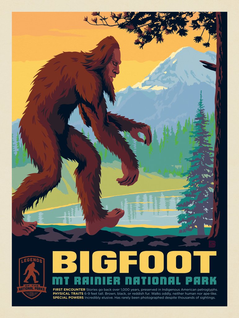 Legends Of The National Parks: Mount Rainier's Bigfoot - Metal Sign - Artwork