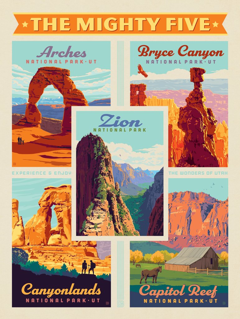The Mighty Five: Utah National Parks - Metal Sign - Artwork