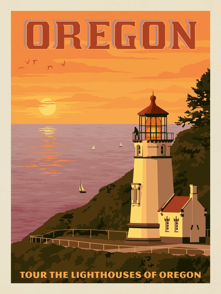 Oregon Coast: Lighthouses - Metal Sign - Artwork