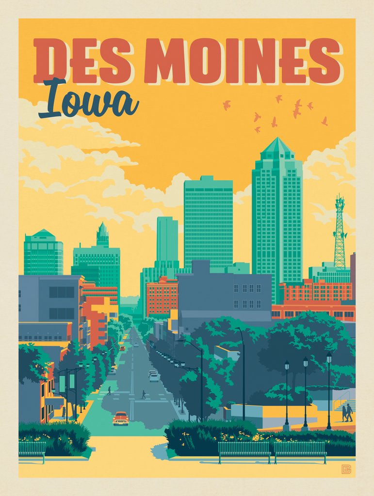 Des Moines, Iowa - Metal Sign - Artwork