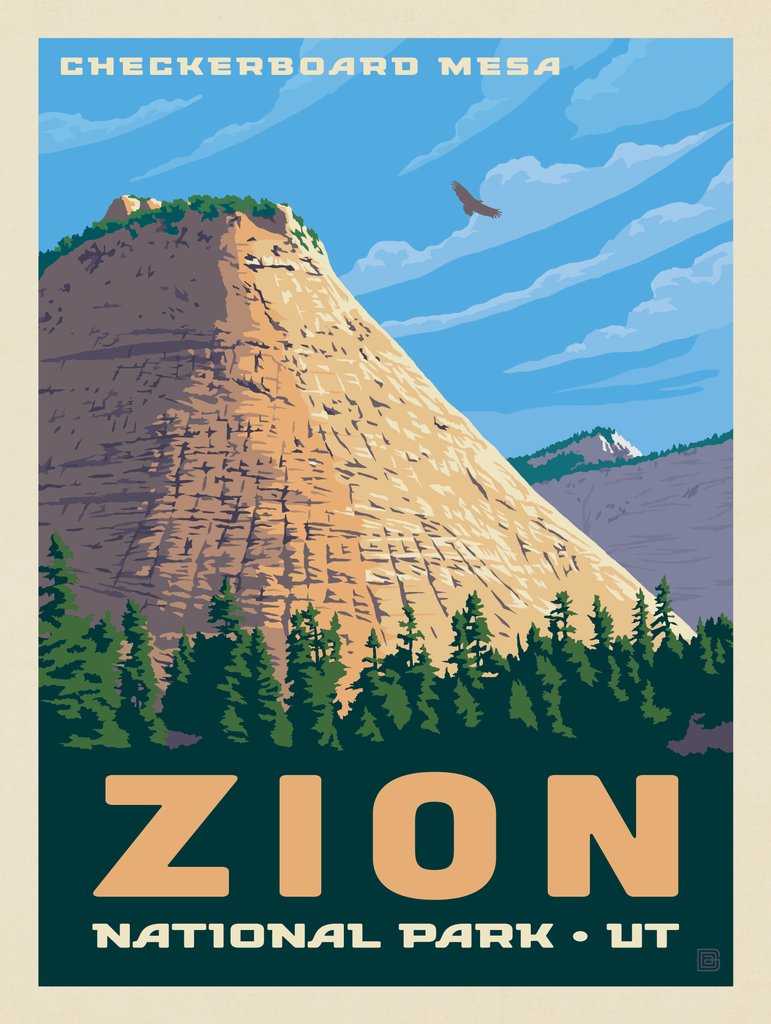 Zion National Park: Checkerboard Mesa - Metal Sign - Artwork
