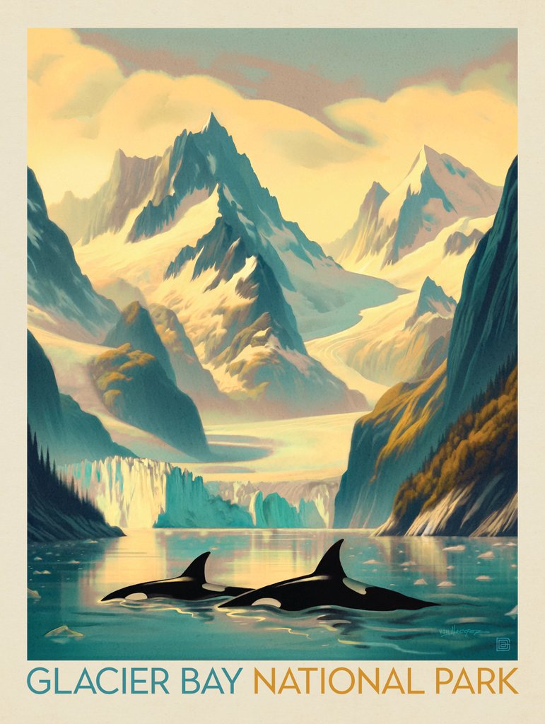 Glacier Bay National Park: Gliding Orcas - Art Print - Artwork