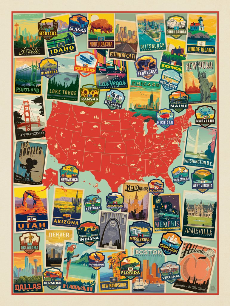 American Travel: Collage Map - Postcards - Artwork
