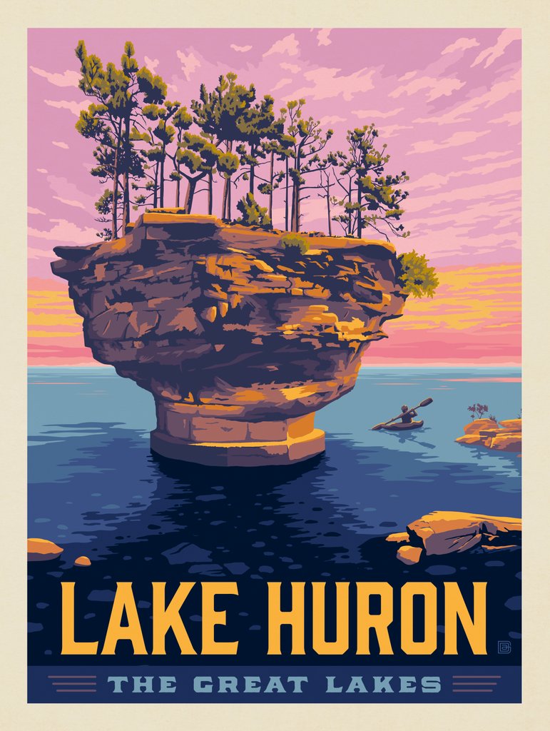 Great Lakes: Lake Huron - Metal Sign - Artwork