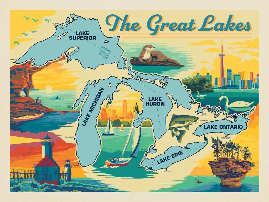 Great Lakes: Horizontal Map - Art Print - Artwork