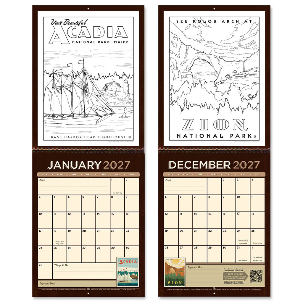 2027 Wall Calendar: National Parks Coloring Book Calendar