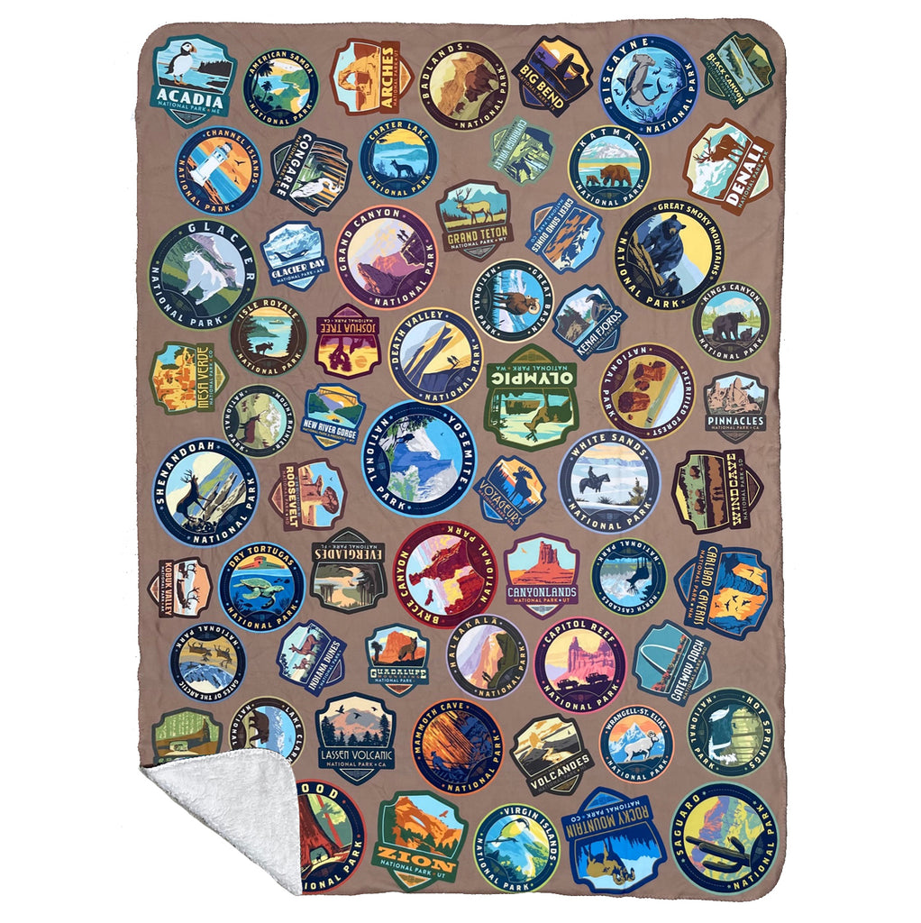 63 National Park Emblems Plush Sherpa Blanket