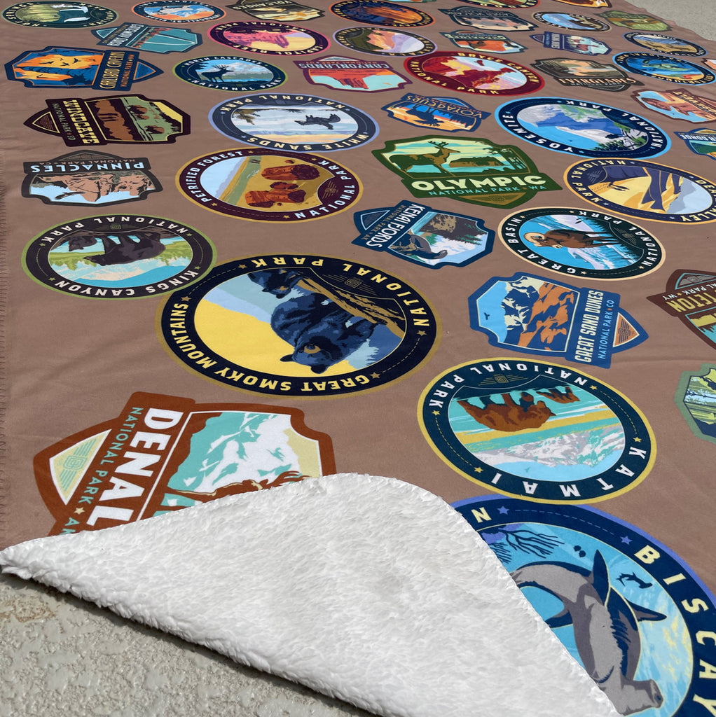 63 National Park Emblems Plush Sherpa Blanket