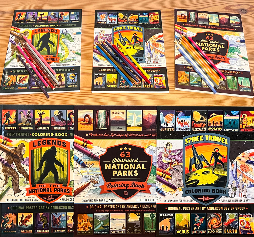 COLORING BOOK BUNDLE: Space Travel, Legendary Creatures, & National Parks