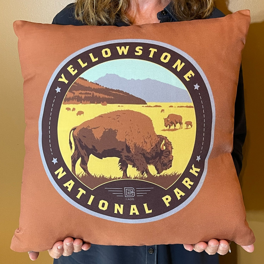 17"x17" Throw Pillow: Emblem of Yellowstone National Park