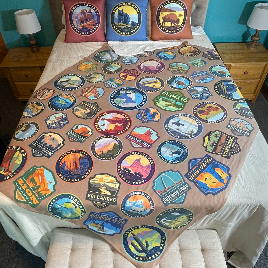 63 National Park Emblems Plush Sherpa Blanket