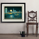 Nashville Riverfront Skyline at Night - Art Print, 24x32 / Deluxe / Black