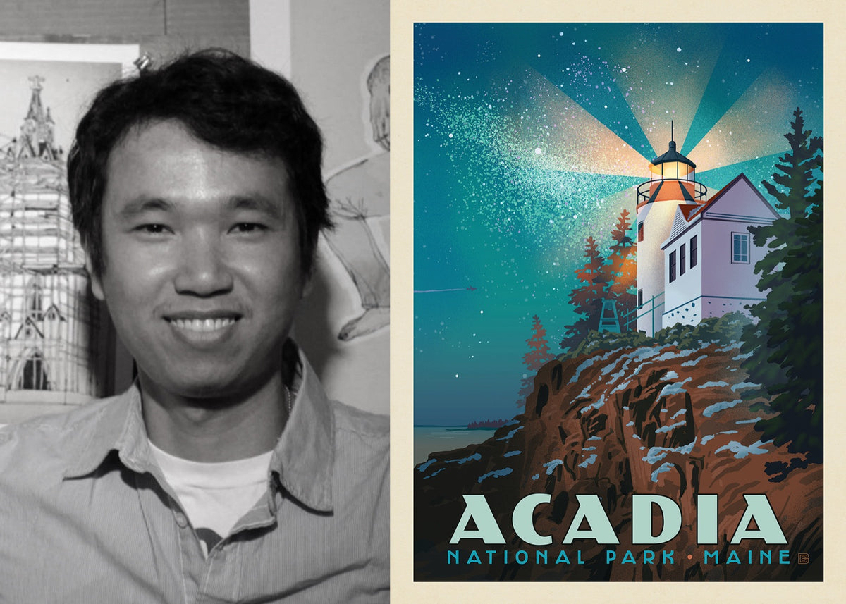Nguyen Tran beside one of their poster designs