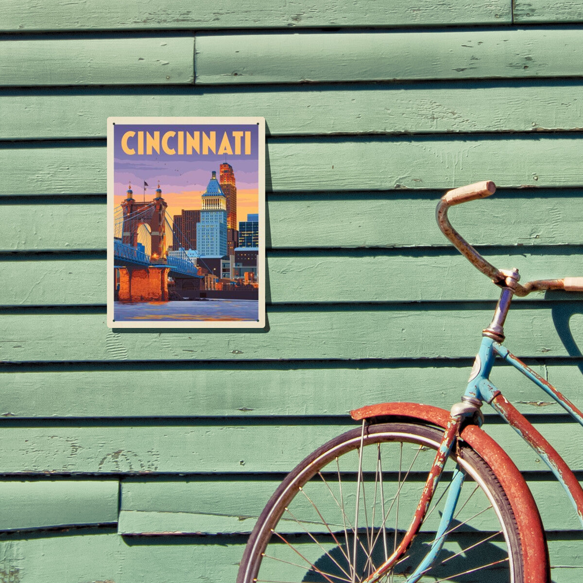 額装済/Crossing the Ohio（ダニー・ライアン）/アートポスター Cincinnati, OH: Riverfront — Vintage Travel Poster | Metal Wall