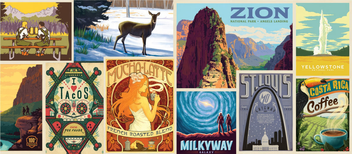 A collage of ADG poster art: national parks, travel, coffee and lettering designs