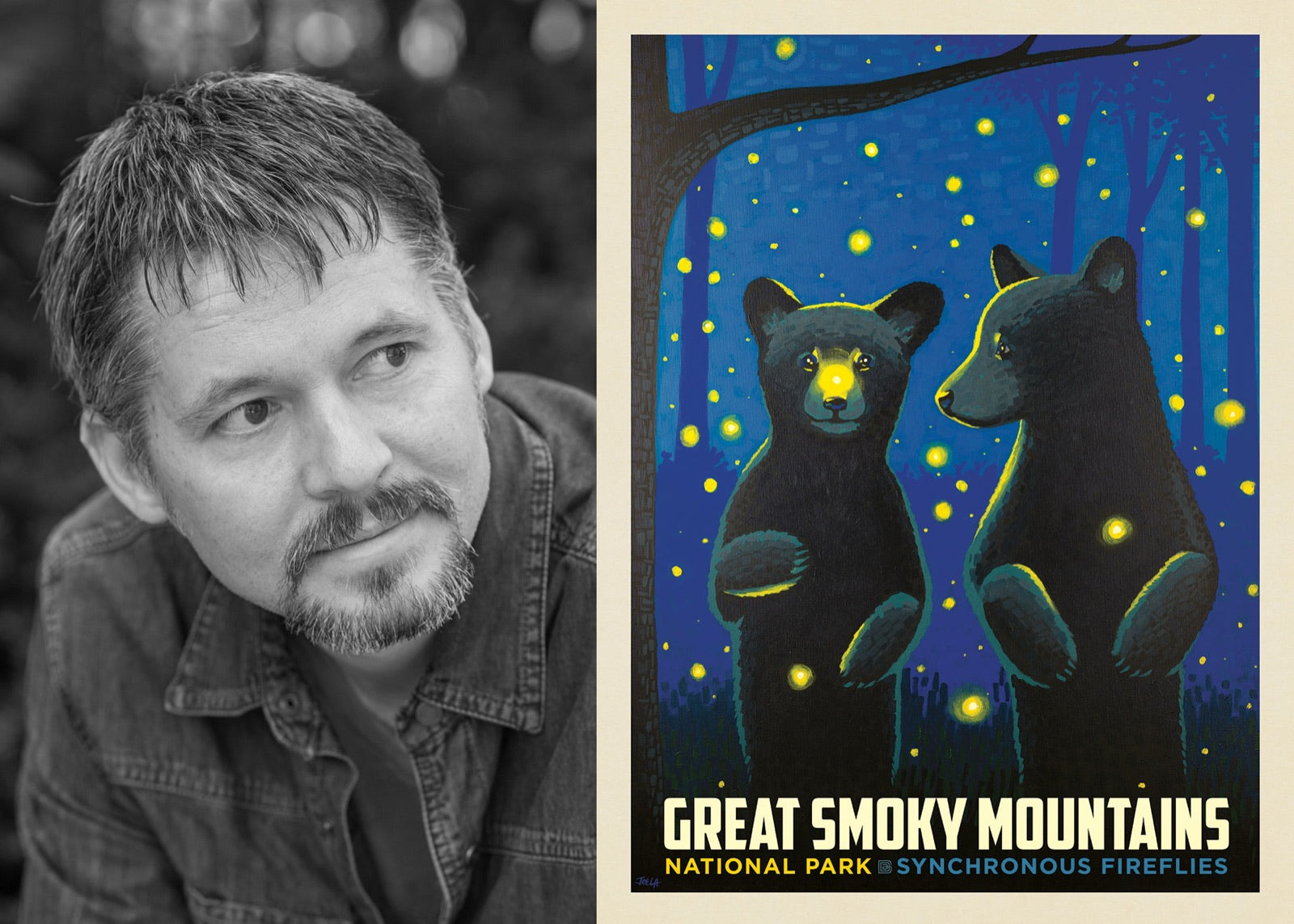 Joel Anderson beside one of their poster designs